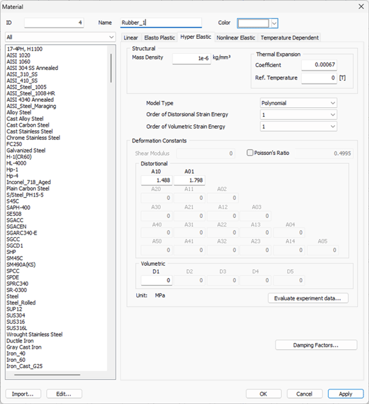 material property window for Hyperelastic